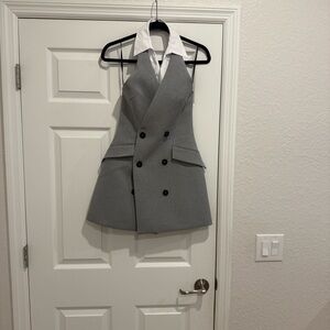 Zara 9068/589/330 Gray Halter Neck Dress with White Collar Mediun